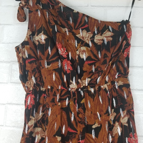Anthropologie Sz 2 Maeve Kyoto Metallic Floral Jumpsuit Brown One Shoulder Crepe - Picture 12 of 12